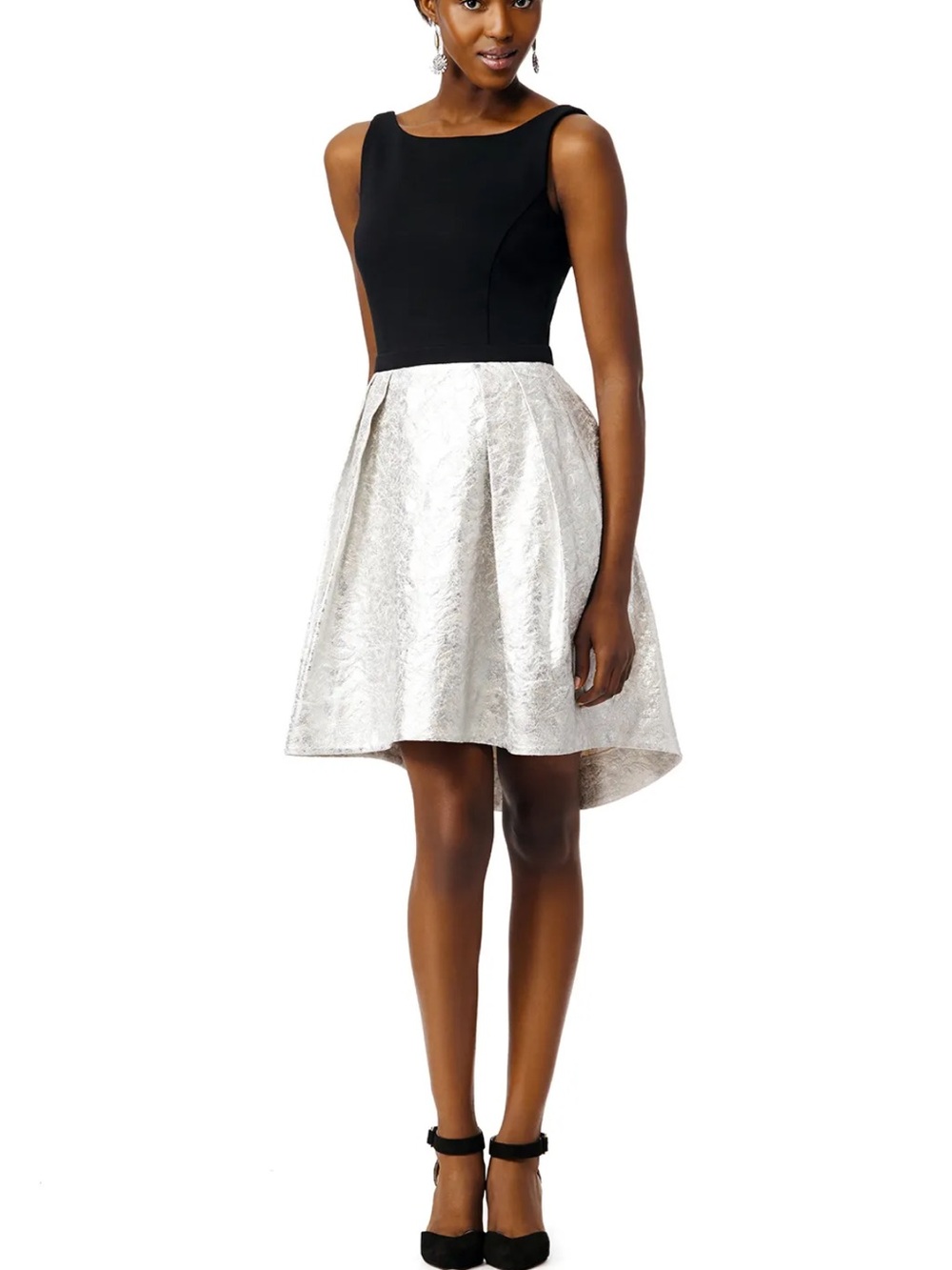 Slate & Willow Black Bodice with Silver Textured High-Low Skirt Dress